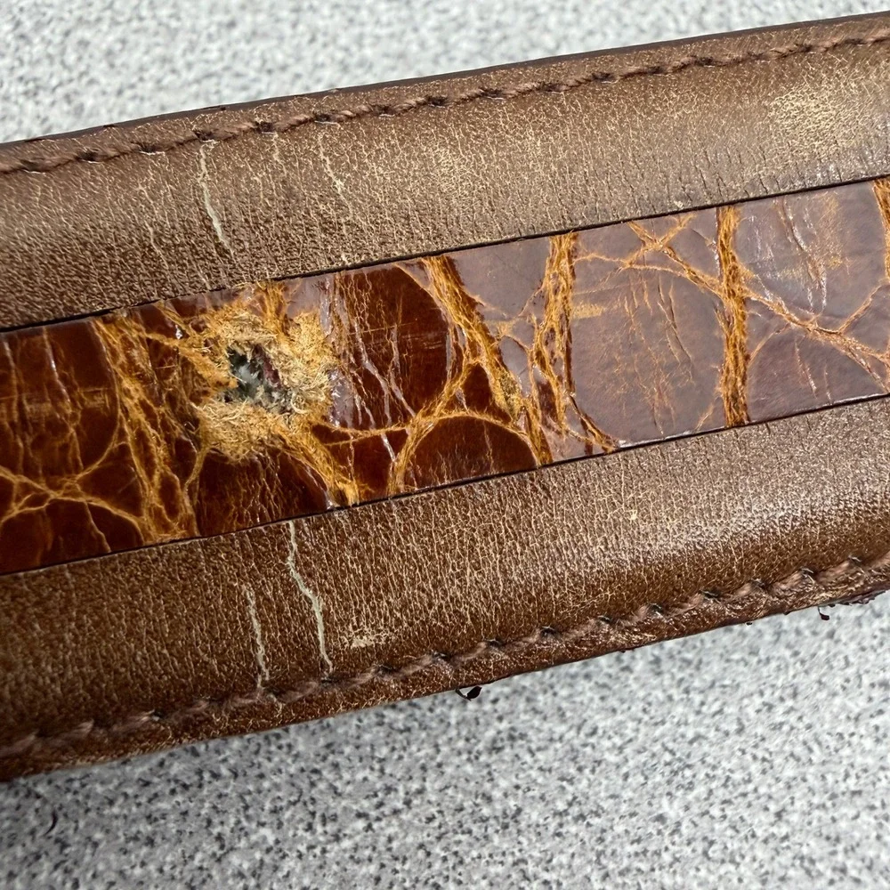 Maeni Parma Belt Mens Brown Leather Croc Exotic Inlay Gold Tone Buckle Italy *